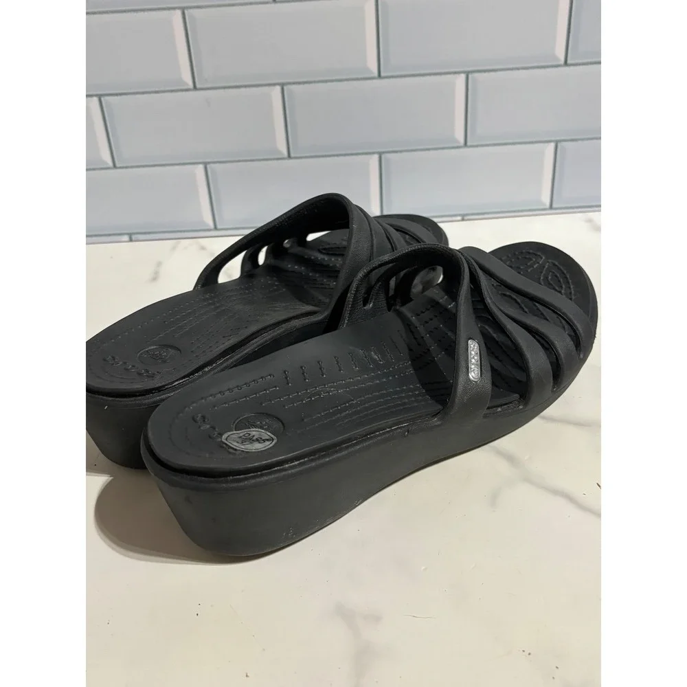 Crocs Rhonda Strappy Wedge Sandals Black Womens Size 8 Slip On Casual Shoes